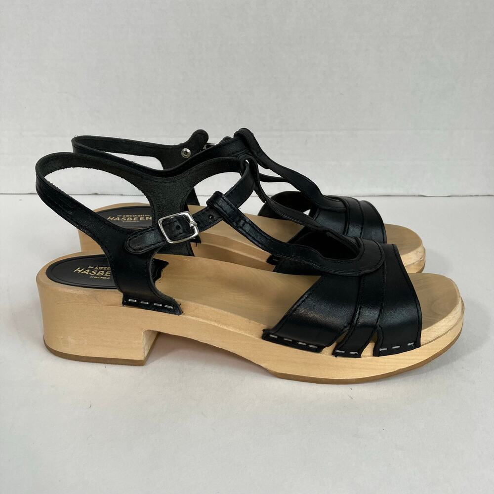 Swedish Hasbeens Ulla Low Sandals Size US 11 EU 41 Black Leather Wood Platform - Picture 6 of 16